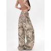 Vintage Washed Denim Pants With Embroidered Letter Camo Tree Print High-Waisted Wide-Leg Straight Cut Unisex Jeans