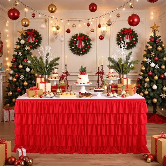 Red Tulle Table Skirt for 6ft/9ft Rectangle Tables Wrinkle Free Ruffled Tablecloths for Baby Shower Party Wedding Birthday Cake Dessert Table Decor