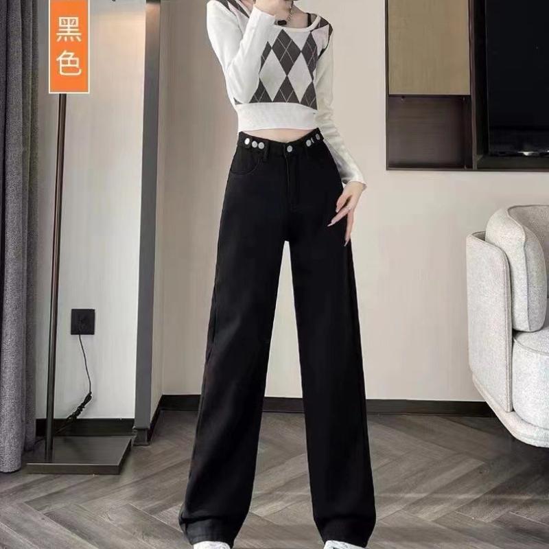 Women's High Waist Wide Leg Jeans Winter Thickened Fleece Lined  Loose Straight Long Pants Warm Casual Denim Pants