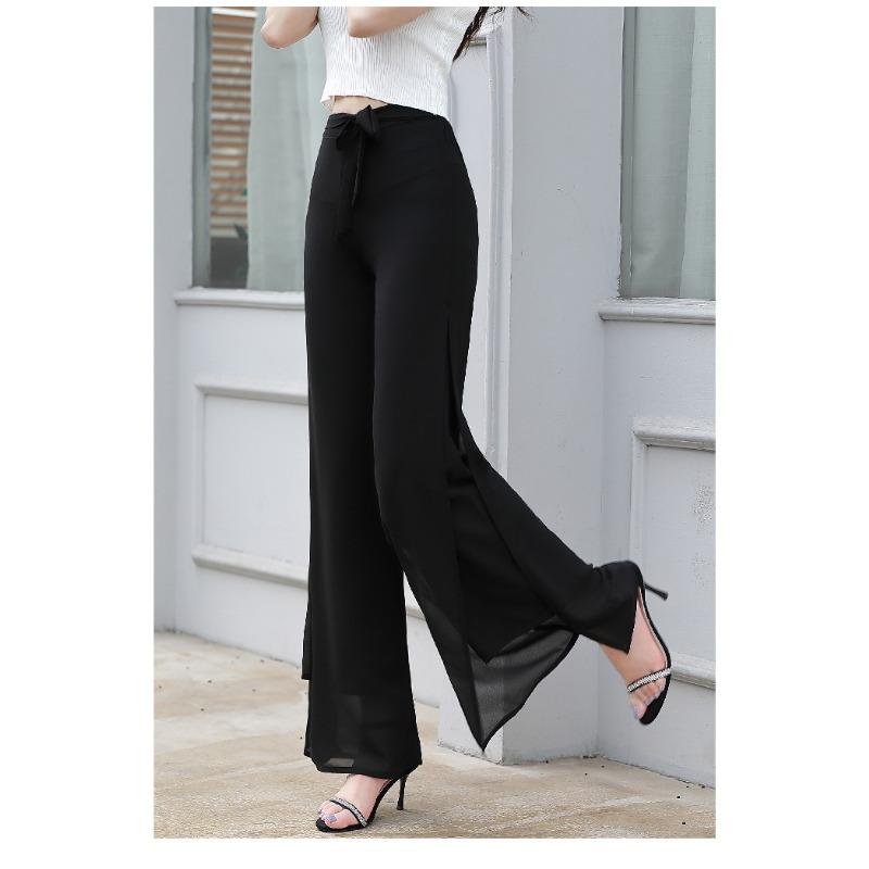 Women's Summer Chiffon Wide-leg Pants High-waist Split Culottes Drape Swing Pants Elegant Loose Double-layer Pants