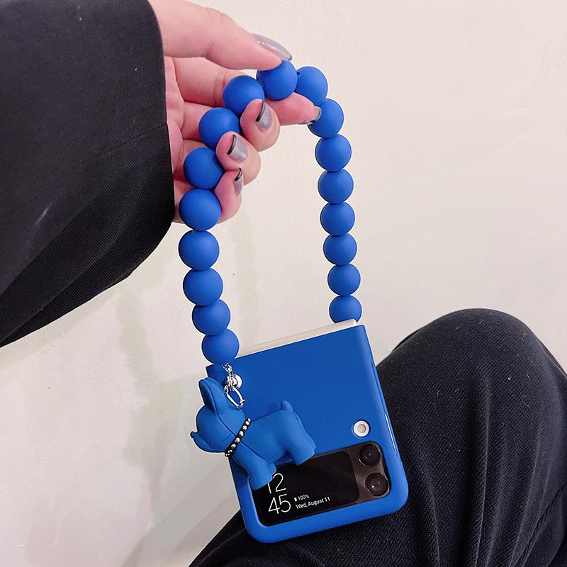 Cute 3d Cartoon Dog Charm Phone Case For Samsung Galaxy Z Flip 3 5g Korea Solid Color Beads Bracelet Full Protection Cover