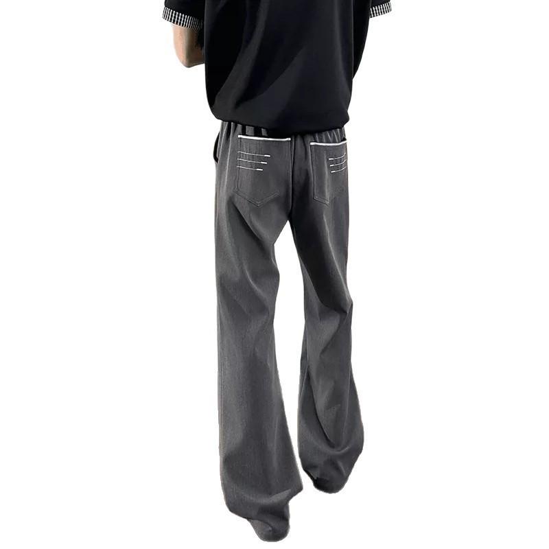 Mens Gray Black Embroidered Flare Dress Pants Old Money Style Relaxed Fit Casual Trousers