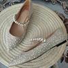 2025 Wedding Shoes Women'S Pearl Crystal High Heels Women'S Stiletto Pointy Net Red Champagne Dress Single Shoes