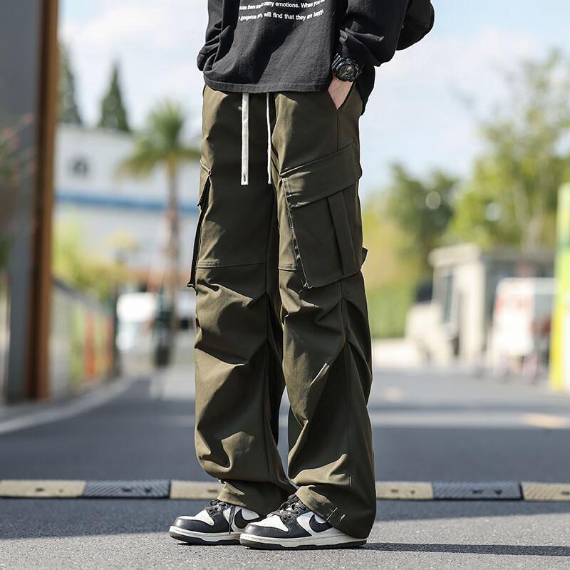 SWAMP AREA Men's Windproof Workwear Pants Spring Autumn American Street Style Draped Straight Loose Fit Trousers KS381 Military Green S