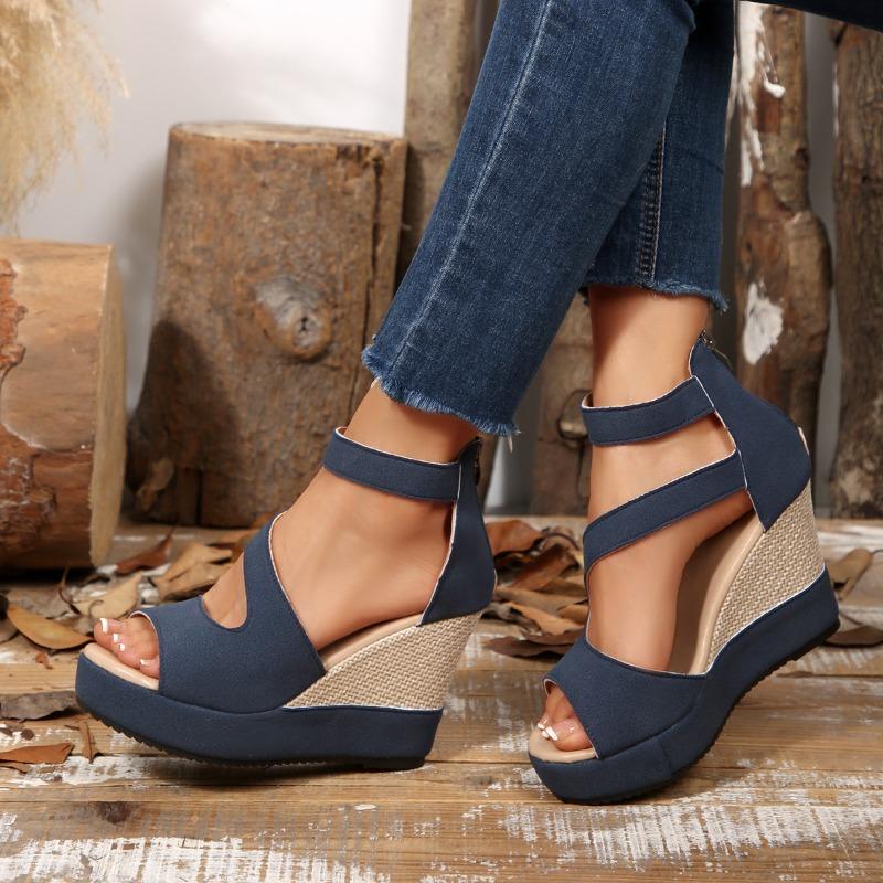 New large size women's shoes, fish mouth women's sandals, wedge heel sandals, zipper high heel sandals after outer wear