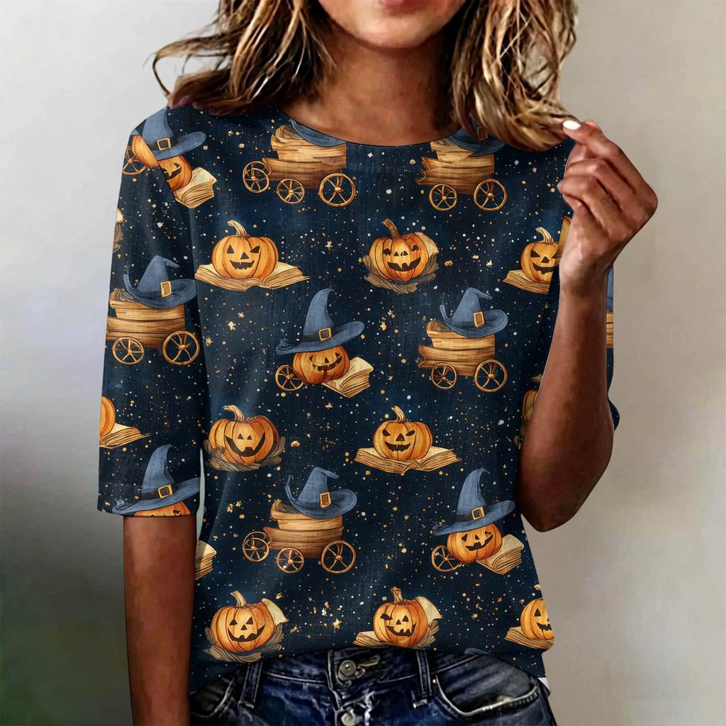 Loose Fit Womens Casual Short Sleeve Top Round Neck Lightweight Comfortable Pullover Shirt with Halloween Themed Print