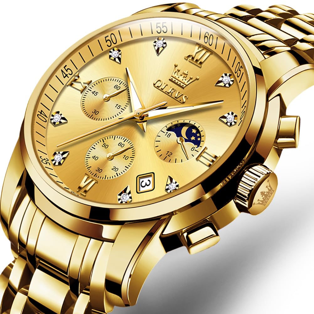 OLEVS Moon Phase Timer Waterproof Luminous Date Quartz Stainless Steel Band Simple Fashion Watch for Men Gold Men's