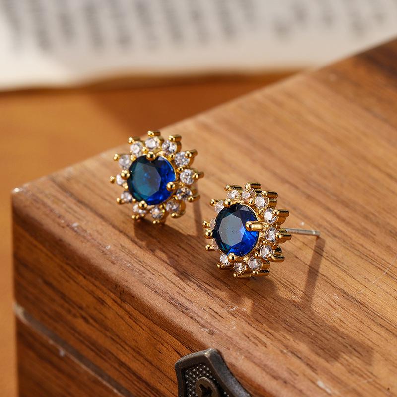 Elegant Sapphire Zircon Stud Earrings for Women - Unique Autumn/Winter High-End 925 Silver Post Design.