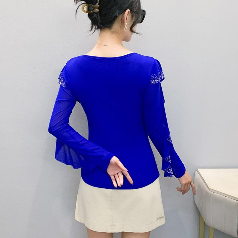 Spring Autumn Women's Ruffles Sleeve T-Shirt Elegant V-neck Tees Slim Ladies Tops With Rhinestone