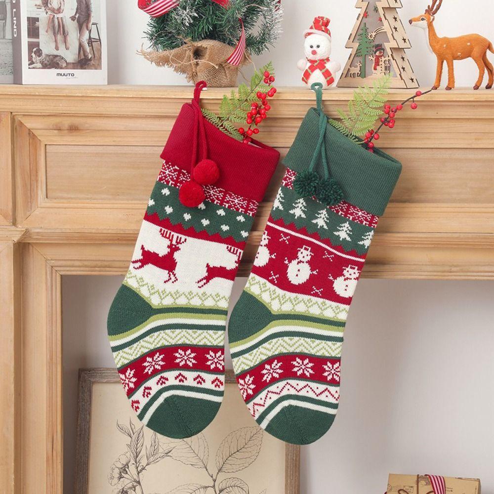 

Hanging Home Kids Candy Bag Santa Claus Sock Knitted Christmas Stocking with Pompoms Gift Bag Snowflake