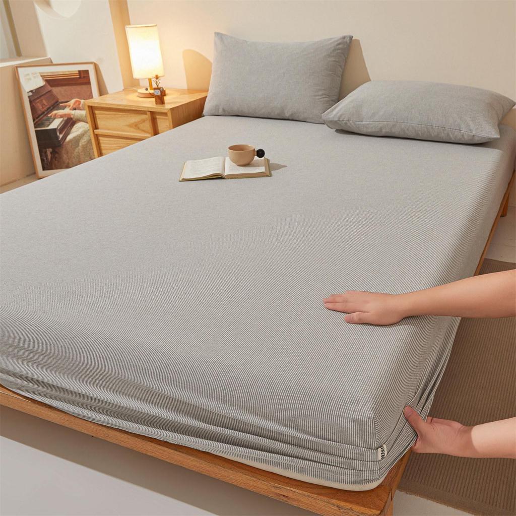 Pure Cotton Weave Washed Fitted Sheet - Solid Stripe Mattress Protector