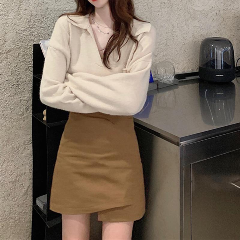 Hirsionsan oříznuté volné, jednobarevné pletené svetry s výstřihem do V, dámské Nové korejské kauzální retro svetry Minimalistické svetry s dlouhým rukávem