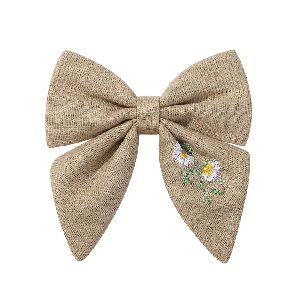 Flower Embroidery Bow Hair Clip Sweet Princess Girls Hair Clips Handmade Ribbon Bangs Hairpin Cute Bowknot Barrettes Headwear