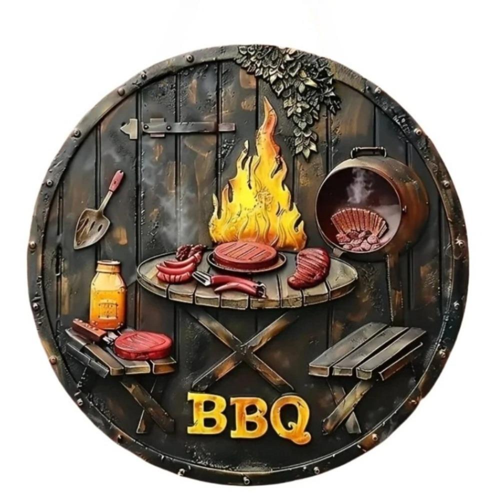 Vintage BBQ Area Round Metal Tin Sign Grilled Steak Vegetables Flame Pattern Retro Wall Decor for Backyard Patio Bar