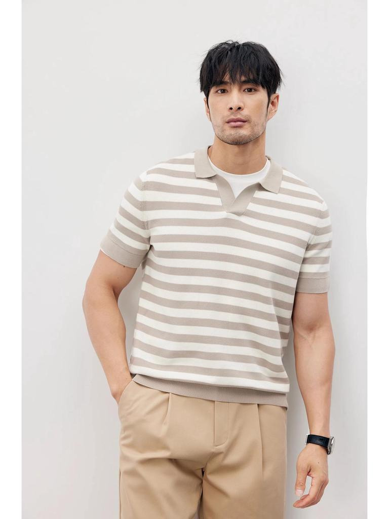 2024 Men's Striped Polo: Short-Sleeve, Versatile Round Neck Knit Shirt