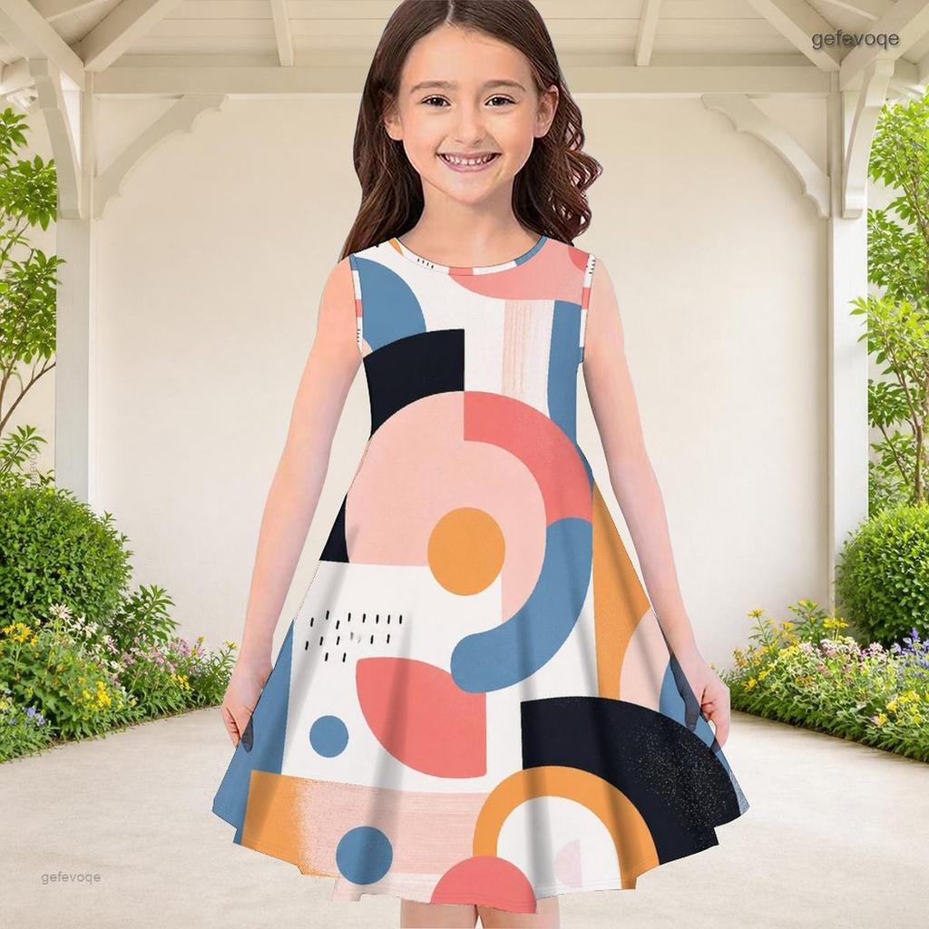 Little Girls Round Neck Sleeveless Geometric Printed A Line Flared Dress