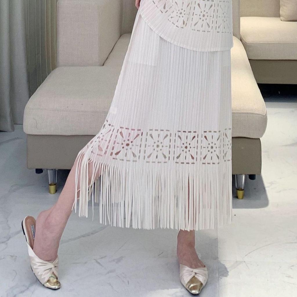 2025 Spring/Summer Women's Pleated Tassel Tank Top & Midi Skirt Two-Piece Set