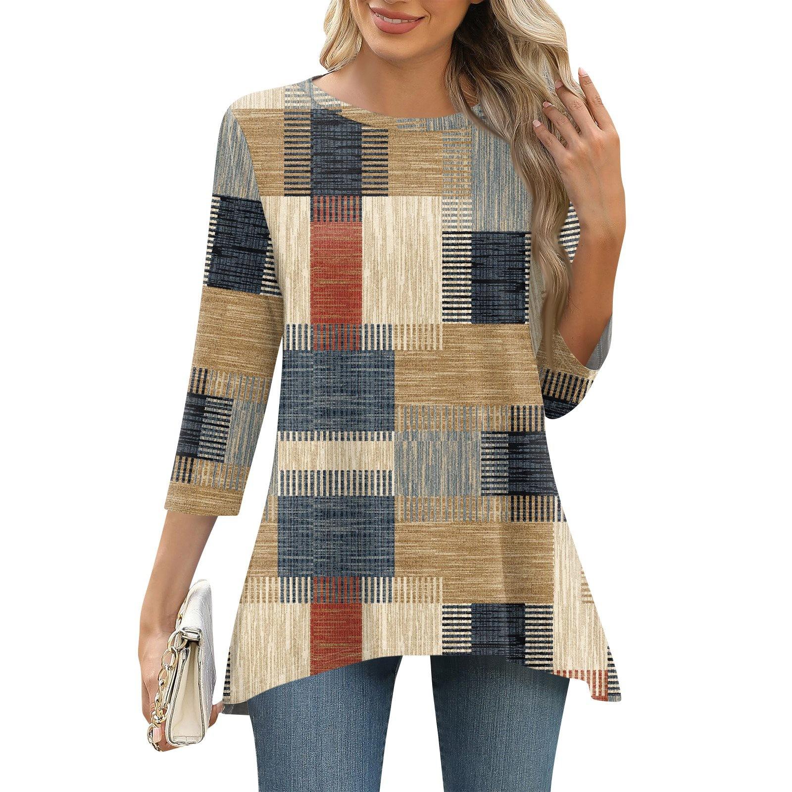 

3/4 рукав туника топы для женщин принтованный повседневный выходной свободный крой модная базовая футболка с круглым вырезом L хаки