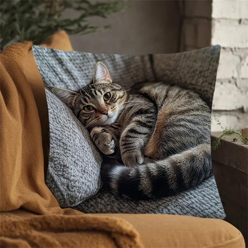 1Pc Lazy Tabby Cat Cuddling Printed Throw Pillow Cover, Suitable For Sofa, Bedroom, Living Room,A Healing Gift For Cat Lovers.