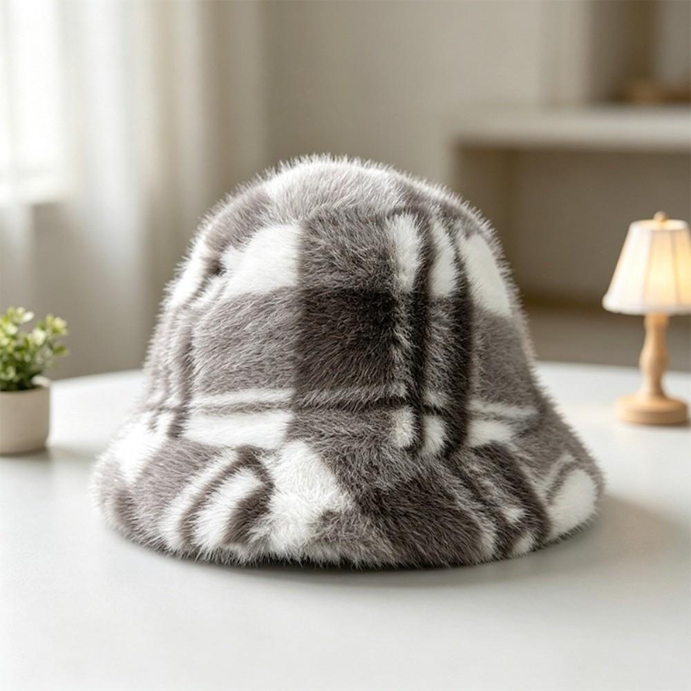 Faux Fur Winter Scarf Hat Plaid Fluffy Bucket Hat New Mink Wool Scarf Women
