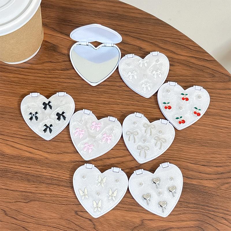 Love Epoxy Cherry Glitter Mobile Phone Mirror Sticker Flip Makeup Mirror Strawberry Bow Tie Desktop Support Decorative Women'S