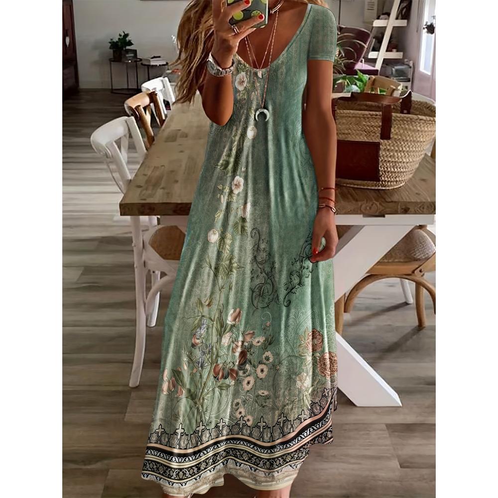 Casual Stylish Floral Print Round Neck Dress, Short Sleeve Pocket Dress, Suitable for Spring And Summer, Women'S Clothing