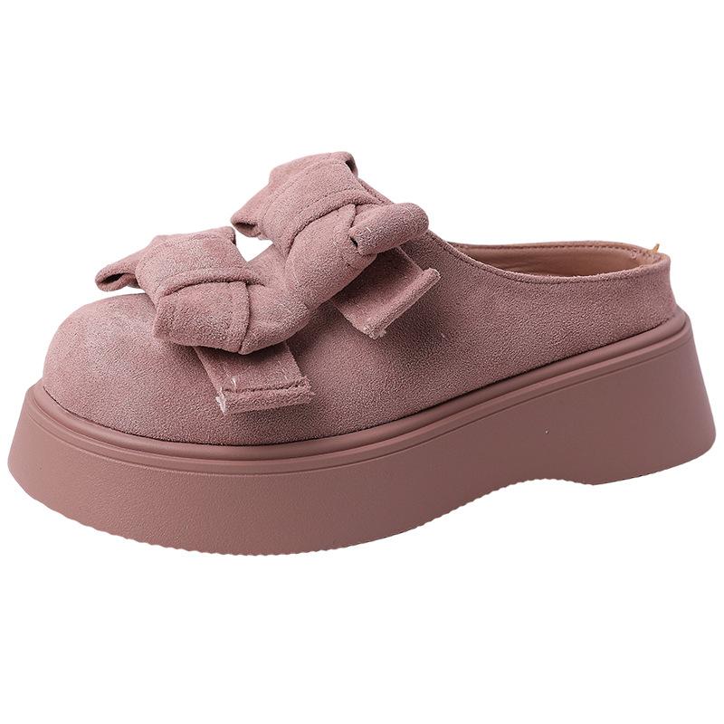Design sense versatile single shoes bow thick-soled bag head half slippers women's summer fashion solid color suede lazy slippers