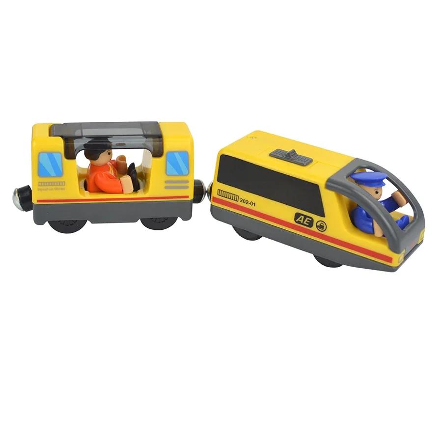 Magnetic Electric Train Car Locomotive Wooden Track Slot Diecast Railway With Two Carriages Train Wood Kid Toy Biro Leduo Track