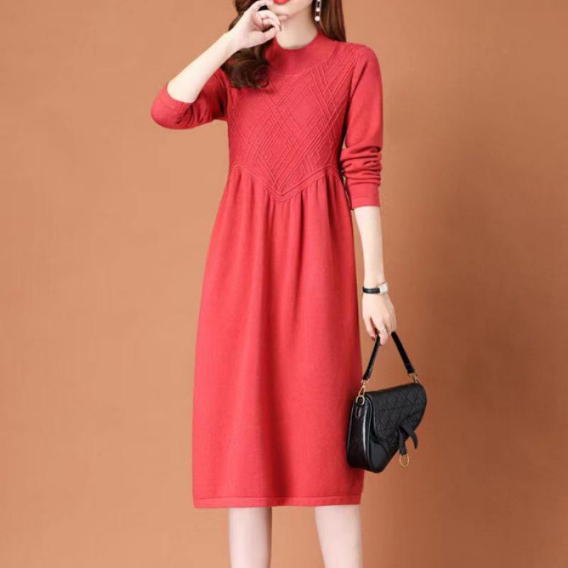 2023 Autumn/Winter Women's Oversized Knit Wool Dress, Knee-Length, Plus Size, Stylish, Belly Covering, Thick Fabric