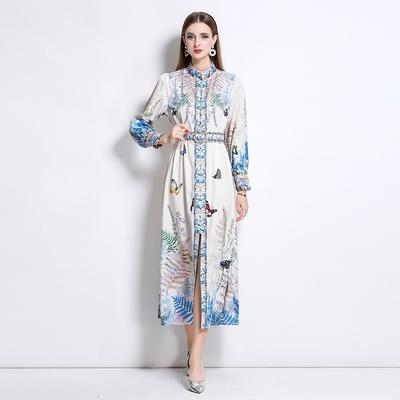 Spring Autumn Women Vintage Print Butterfly Runway Dresses Full Sleeve Single Breasted Long Maxi Party Dress for Graduation