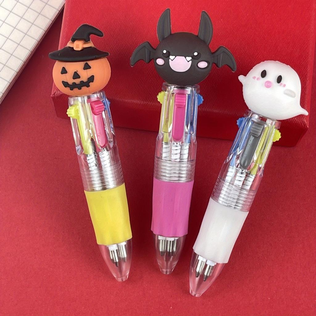 12pcs Cute Cartoon Retractable Ballpoint Pens for Halloween, 4-in-1 Color Ballpoint Pens, Pumpkin Bat Ghost Shaped, Suitable