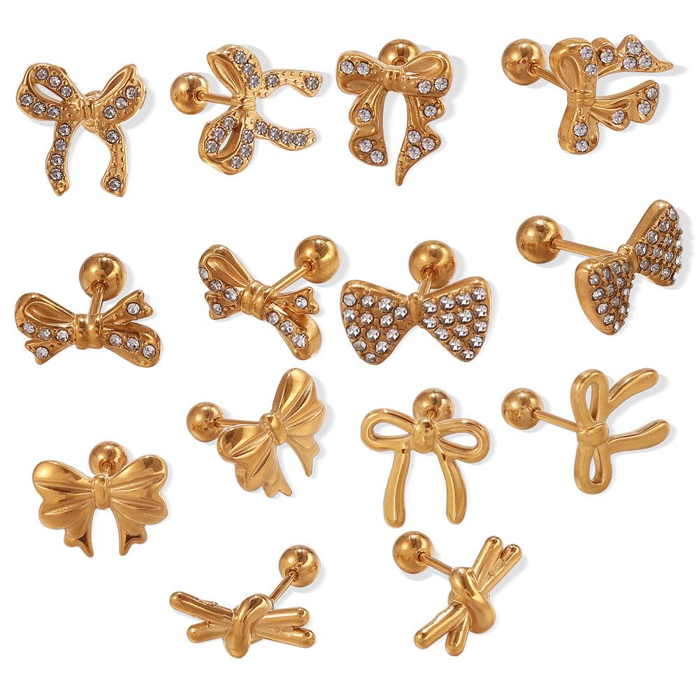 Premium Diamond Bow Earrings Stainless Steel Gold Plated Fashion Daily Earrings Women