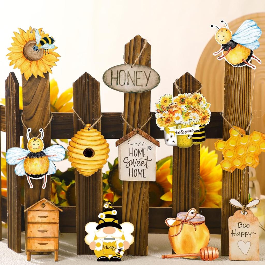 Karenhi 36 Pcs Bee Gnome Wooden Ornament Yellow Honeybee Gnome with Hat Hanging Decor Summer Tree Ornaments with String Bee Themed Party Favors for
