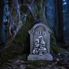 Vintage Style Horror Statue Halloween Skull Tombstone, Stone Look Retro Gothic Resin Creepy Distressed Gray Effect Figurine Crow Gravestone