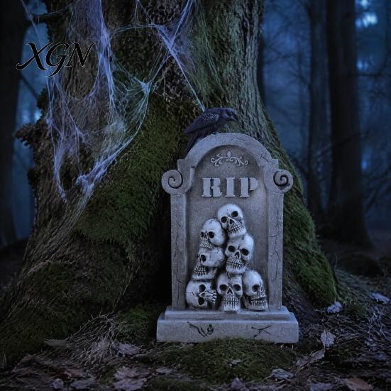 Vintage Style Horror Statue Halloween Skull Tombstone, Stone Look Retro Gothic Resin Creepy Distressed Gray Effect Figurine Crow Gravestone