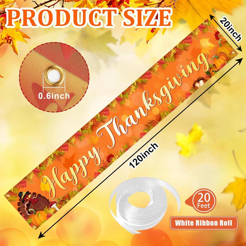 Large Thanksgiving Banner Decorations Outdoor 120x20 Inch,Turkey Maple Leaf Pumpkin Decorations Happy Thanksgiving Yard Banner for Indoor Home House