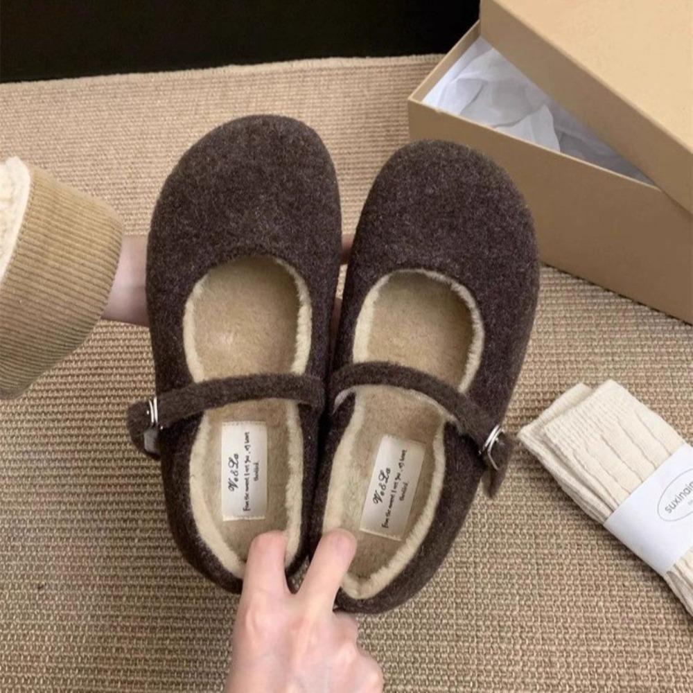 Fashion Buckle Strap Ladies Mary Janes Flats with Fur Shoes Round Toe Female Plush Footwear Women Flats Warm Shoes