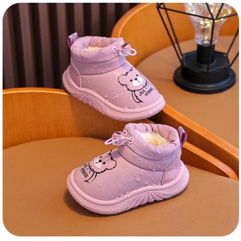 Niedliche Baumwoll-Schneestiefel mit Bärenaufdruck für Babyjungen und -mädchen - Winter-Slipper zum Hineinschlüpfen mit verdicktem Futter