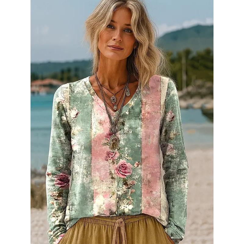 

2025 Женские футболки с цветочным принтом, растениями, элегантные модные футболки, футболки с длинным рукавом, V-образный вырез, обычные топы, повседневный пуловер, осень XL