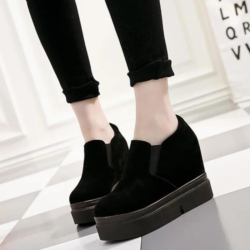 Fashion 10CM Microfiber Platform Wedge Sneaker Women Shoes Hidden Heels Black Women Loafers Autumn Spring Winter Retro Plush Warm Boots
