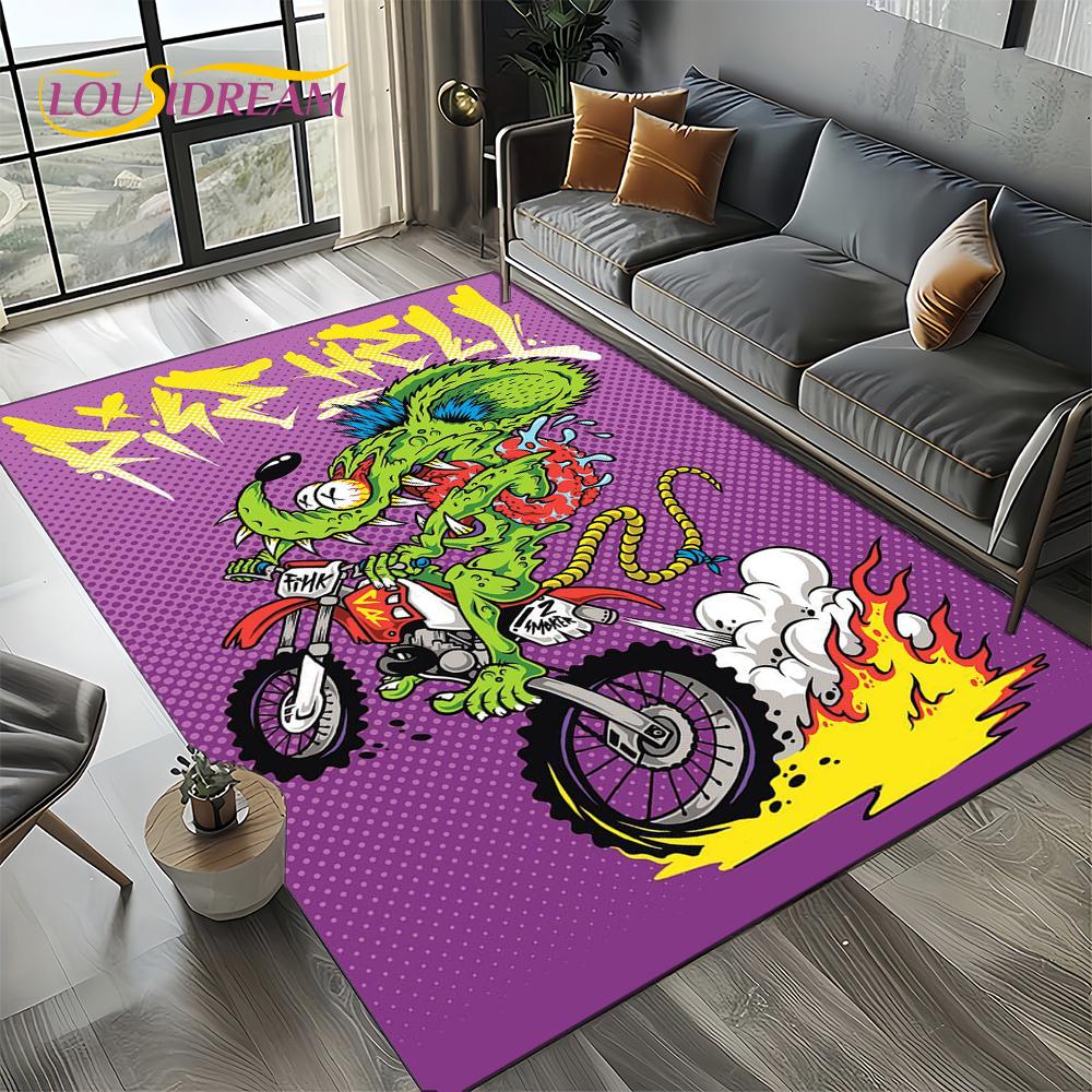 RF Funny Rat Fink Cartoon Motorcycle Sign Carpet Rug for Living Room Bedroom Home Sofa Decoration,Area Rug Non-slip Floor Mat