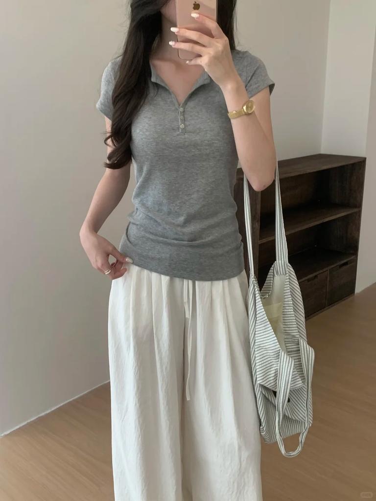 Minimalist Henry Neck Button Slim Fit T-Shirt Front Shoulder Short Sleeve Women's Summer Thin Breathable V-Neck Front Shoulder Bottom Top