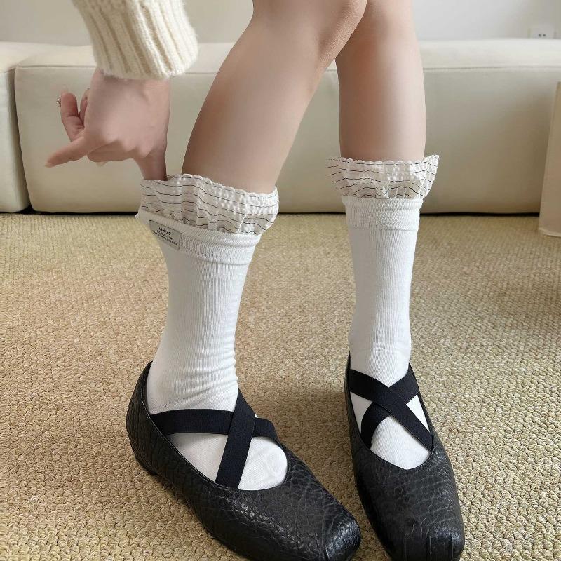 Spring and Summer Women's Cotton Socks with Child-sized Tights, Decorative Edging, Chunky Stripes, Simple Style