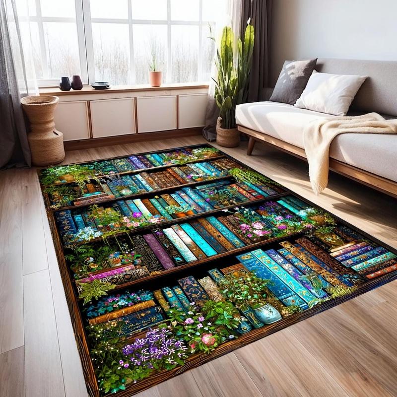 Vintage Bookshelf Colorful Floral Green Plant Non Slip Floor Rug Book Lover Library Reading Room Washable Indoor Living Bedroom Area Carpet