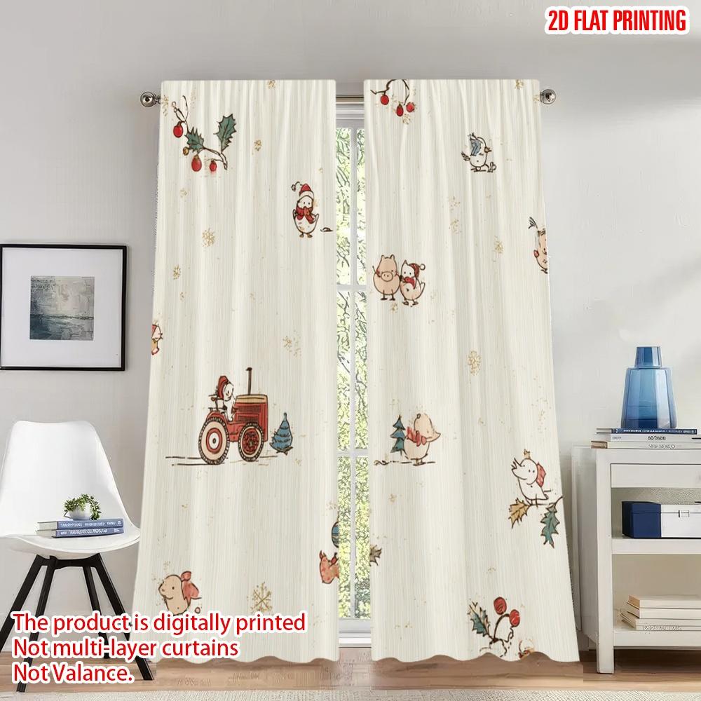 

2pcs 2D flat printing Christmas Scene Curtains Cute Animals Farm Tractor Christmas Digital Printed Polyester Drapes Holiday 100*130 Grommet Top 1pcs