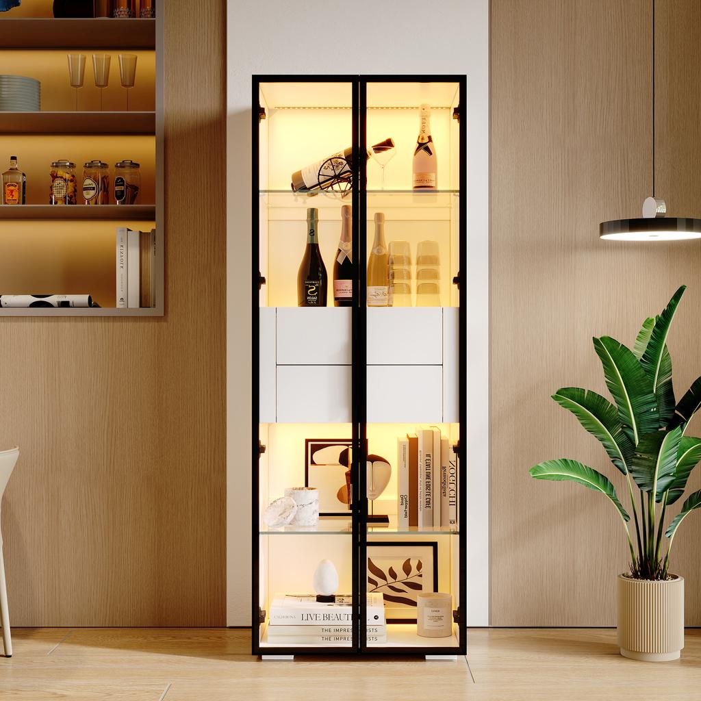 60*40*160cm Display Cabinet with Tempered Glass Door, LED, 2 Glass Shelves, 2 Drawers, Highboard, Living Room Cabinet, White