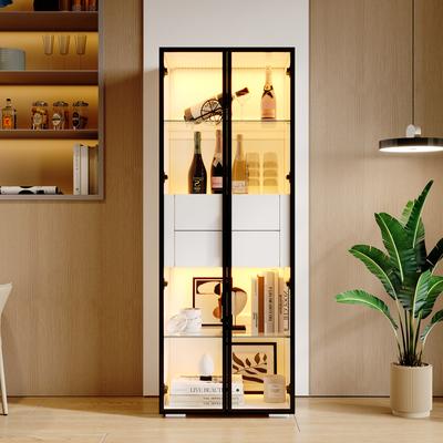 Witryna 60*40*160cm ze Drzwiami ze Szkła Hartowanego, LED, 2 Szklane Półki, 2 Szuflady, Komoda, Szafka do Salonu, Biała