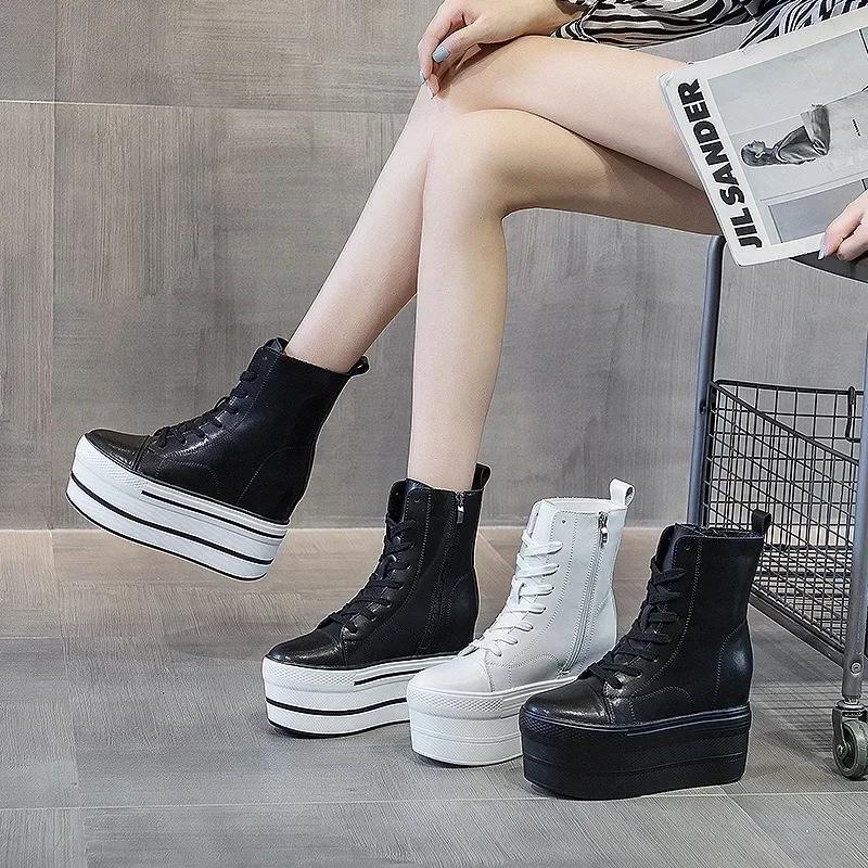 Autumn Genuine Leather 10CM  Super Thick Sole Platform Wedge Hidden Heel Boots Shoes Zipper Winter Boots Ankle Warm Booties