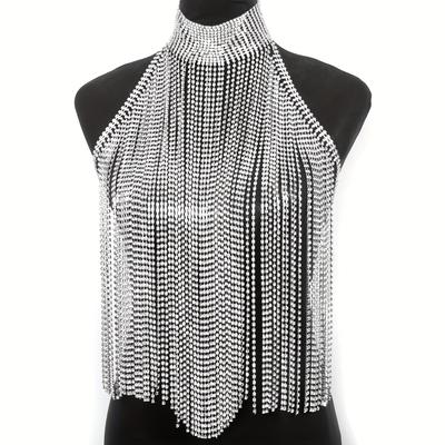 Lesklý kamínkový střapec Přívěsek Crop Top Hrudní řetízek Vícevrstvé doplňky k šatům s řetízkem na tělo
