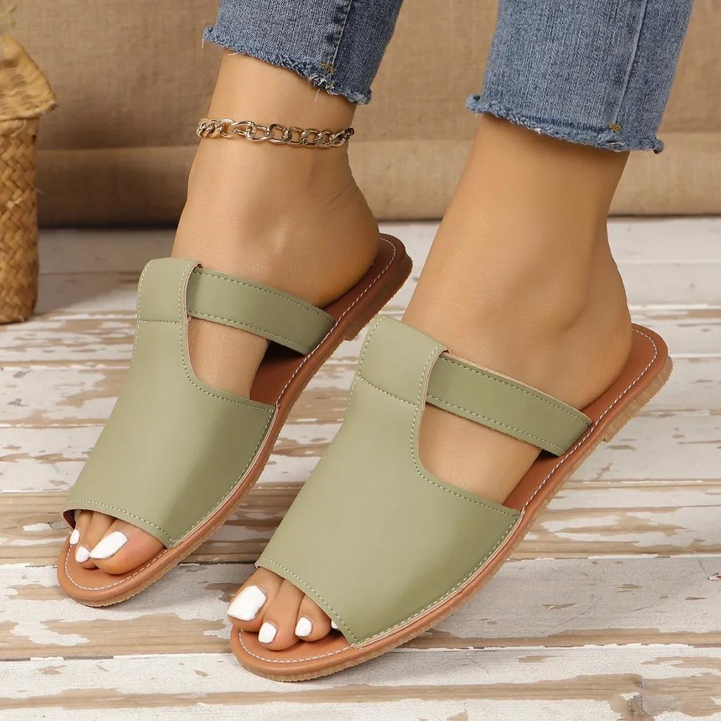 Fashion Ladies' New Summer Flat-bottomed Open-toed Slippers, Solid-color Fish-mouth Beach Cool Slippers